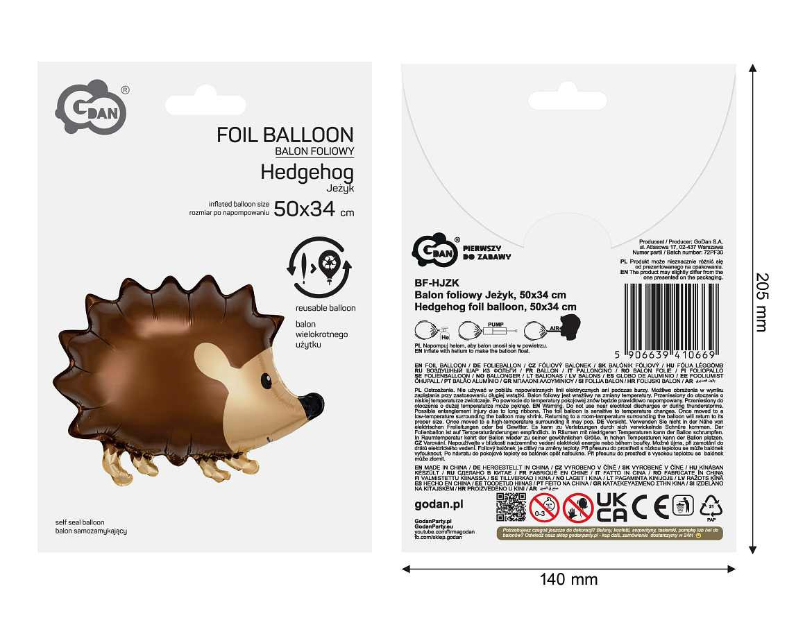 Hedgehog foil balloon, 50x34 cm EOL